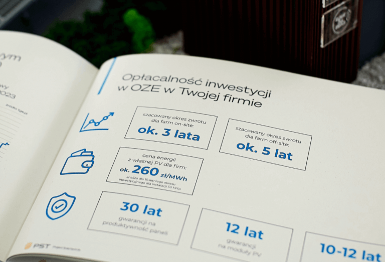 Strona z katalogu ofertowego Projekt Solartechnik z informacją o opłacalności inwestycji w OZE w firmie.